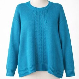 Vtg Hunts Point Teal Blue Cable Knit Sweater Oversized L Cottagecore Fisherman